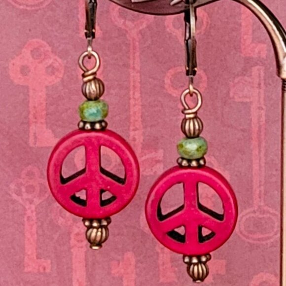 Burgundy RED Howlite Peace Sign Czech Copper Earrings Brass Lever Back Earwires - Picture 6 of 9